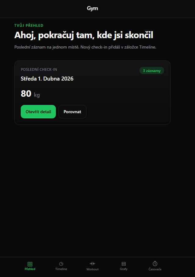 Gym — obrazovka Přehled
